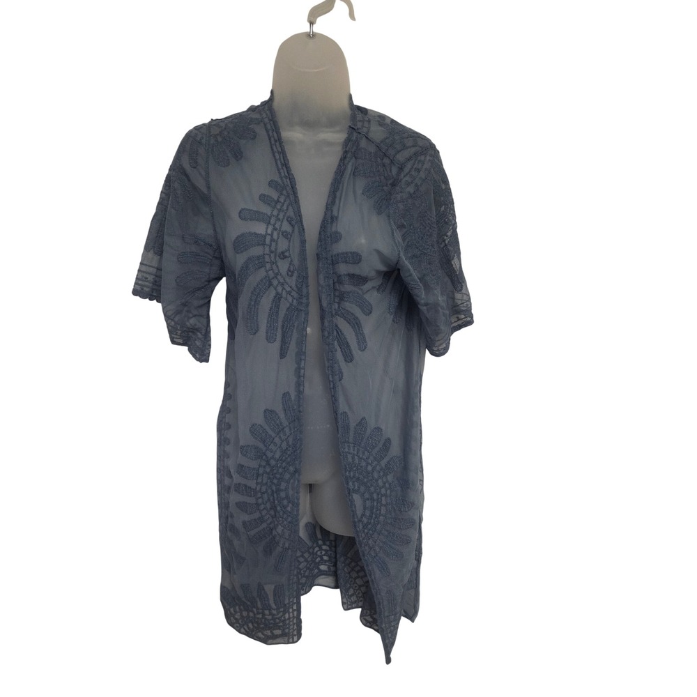 Blue Sheer Mesh Embroidered Kimono Cardigan Open Front Boho Layering Coverup
